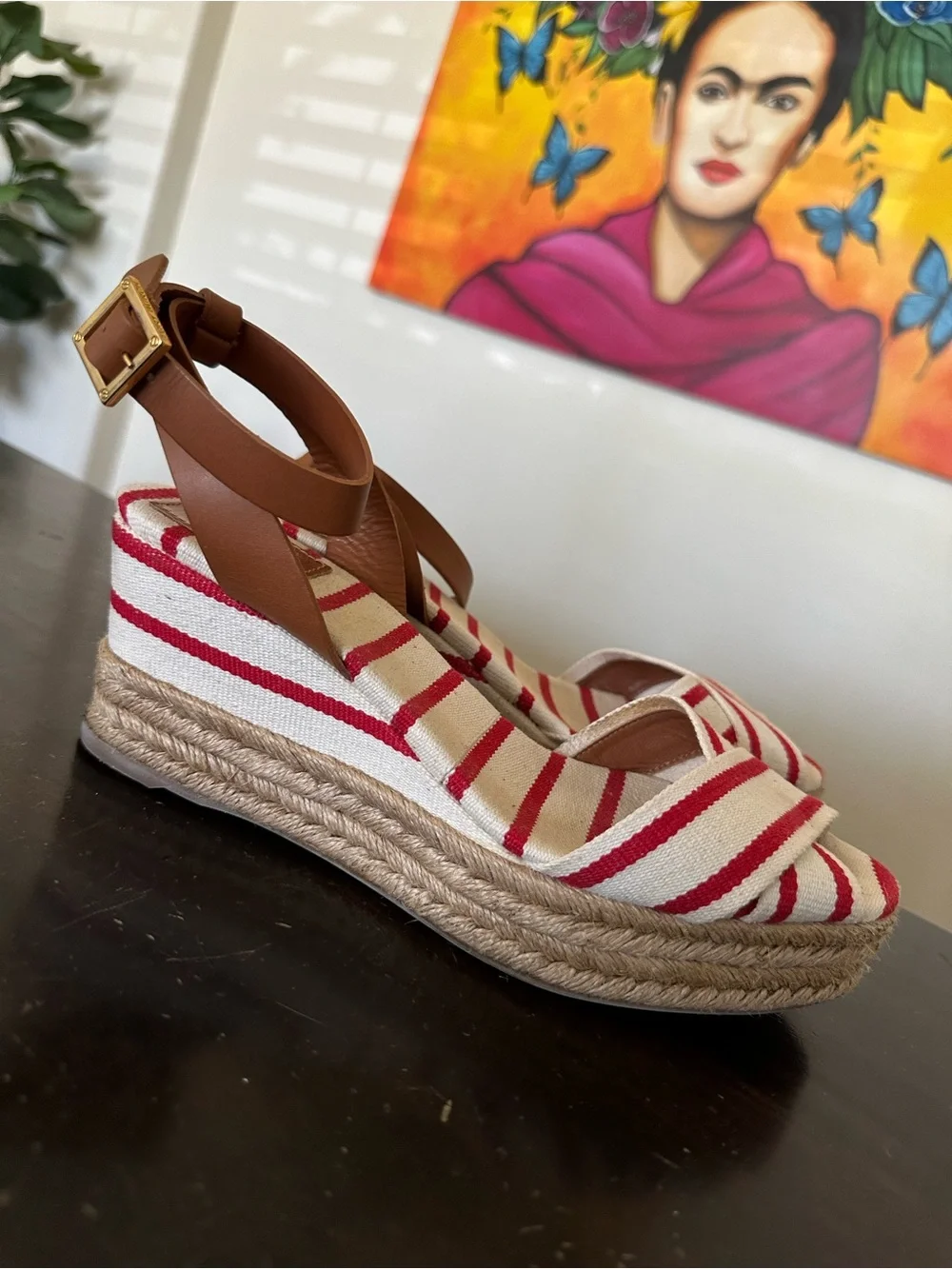 Tory Burch Red and White Striped “Karissa”Espadrille Wedges with Tan Ankle Strap